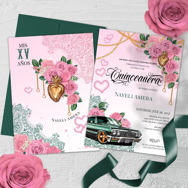 Invitation Rose rose Emeraude Vert Chola Lowrider Quinceanera (Créateur téléchargé)