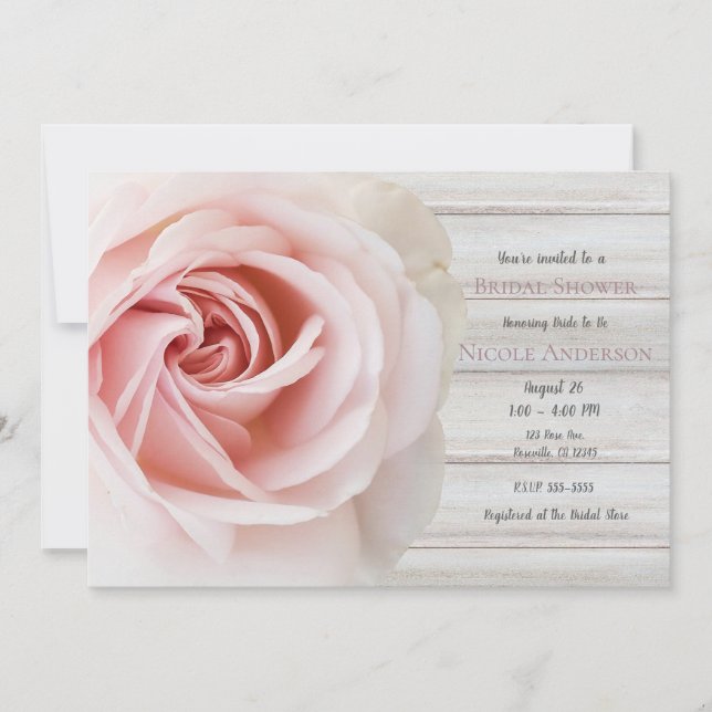 Invitation Rose rose et bois blanc Chic Fête des mariées (Devant)
