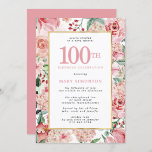 Invitation Rose rose et Hydrangea Floral 100e anniversaire