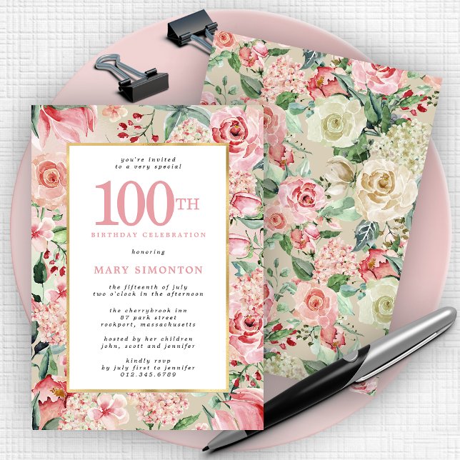 Invitation Rose rose et Hydrangea Floral 100e anniversaire (Créateur téléchargé)