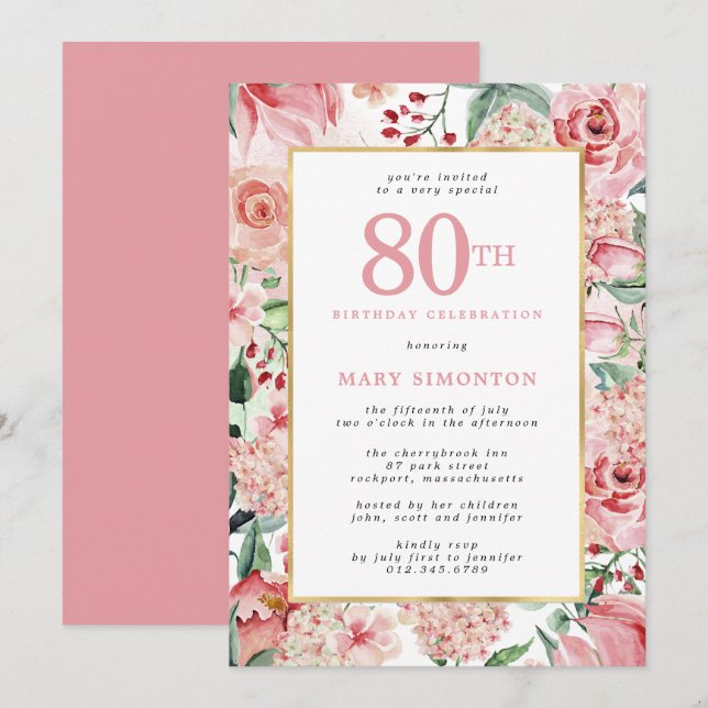 Invitation Rose rose et Hydrangea Floral 80e anniversaire (Devant / Derrière)