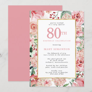 Invitation Rose rose et Hydrangea Floral 80e anniversaire