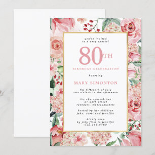 Invitation Rose rose et Hydrangea Floral 80e anniversaire
