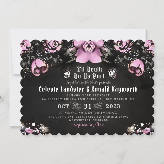 Invitation Rose rose et noir gothique et Mariage de skeletons (Devant)