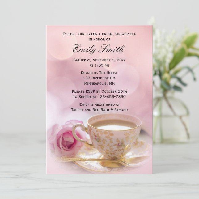 Invitation Rose rose et Teacup | Thé de Fête des mariées (Debout devant)