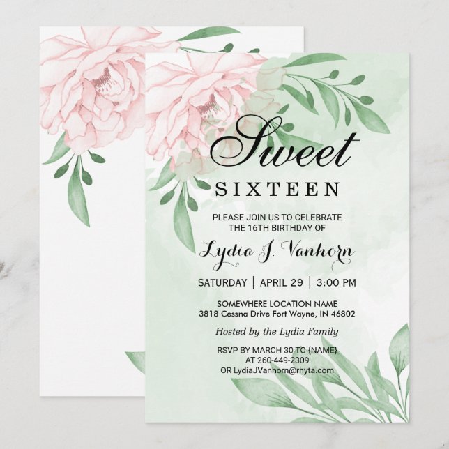 Invitation Rose rose Eucalyptus Feuillage doux 16 Anniversair (Devant / Derrière)