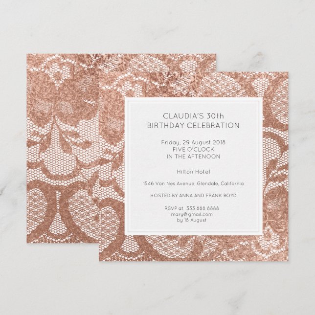 Invitation Rose Rose Faux Or Poudre dentelle Anniversaire (Devant / Derrière)