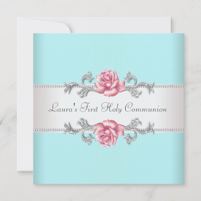 Invitation Rose Rose Filles Turquoises Turquoise Première com (Devant)