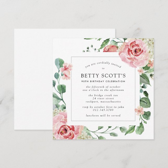 Invitation Rose rose Floral Botanique 90e fête d'anniversaire (Devant / Derrière)