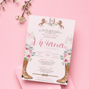 Invitation Rose rose Floral Bottes Occidentales Charro Quince