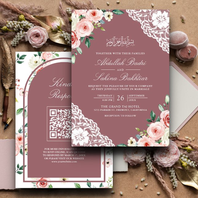 Invitation Rose rose floral Dusty dentelle QR Code Musulman M (Créateur téléchargé)