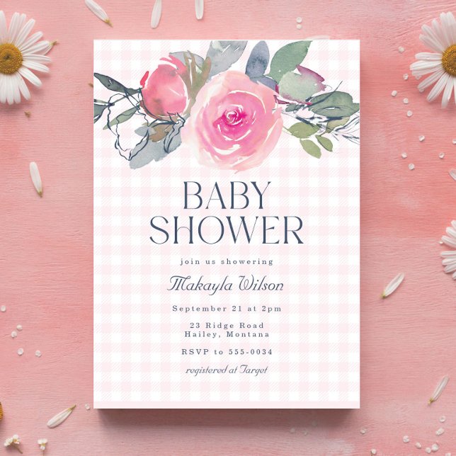 Invitation Rose Rose Floral En vichy Baby shower fille (Créateur téléchargé)