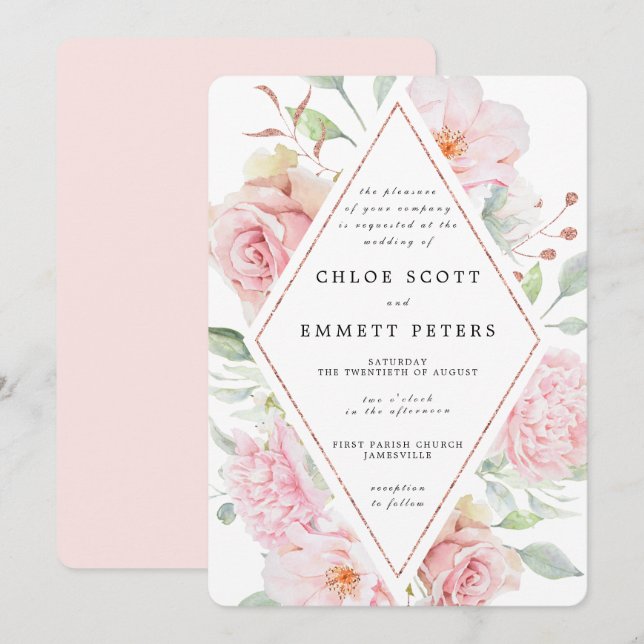 Invitation Rose Rose Floral Moderne Mariage (Devant / Derrière)