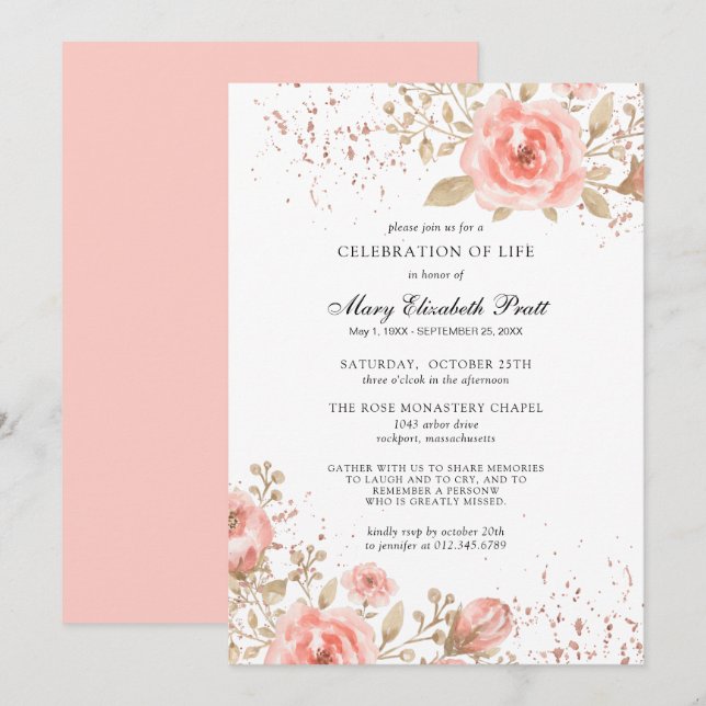 Invitation Rose Rose Floral Or Feuilles Célébration de la vie (Devant / Derrière)