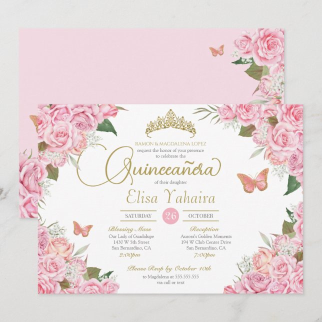 Invitation Rose Rose Floral Or Tiara Butterfly Quinceanera (Devant / Derrière)