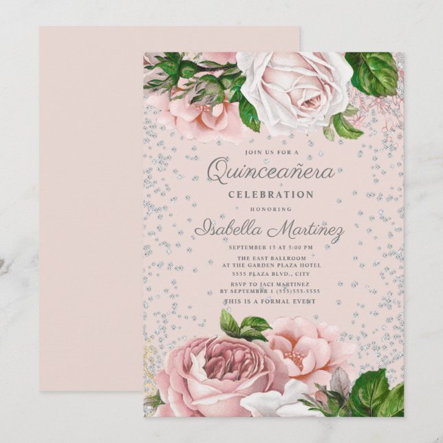 Invitation Rose rose Floral Parties scintillant d'argent Quin (Devant / Derrière)
