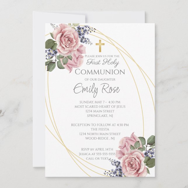 Invitation Rose Rose Floral Première Communion sainte (Devant)