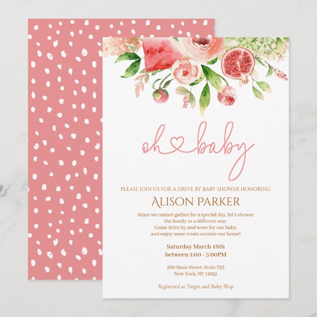 Invitation Rose Rose Floral Végétation Drive Par Baby shower (Devant / Derrière)