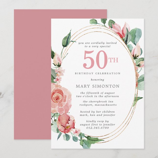 Invitation Rose rose florale 50e anniversaire de fête Invitat (Devant / Derrière)