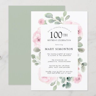 Invitation Rose rose florale Eucalyptus 100e fête d'anniversa