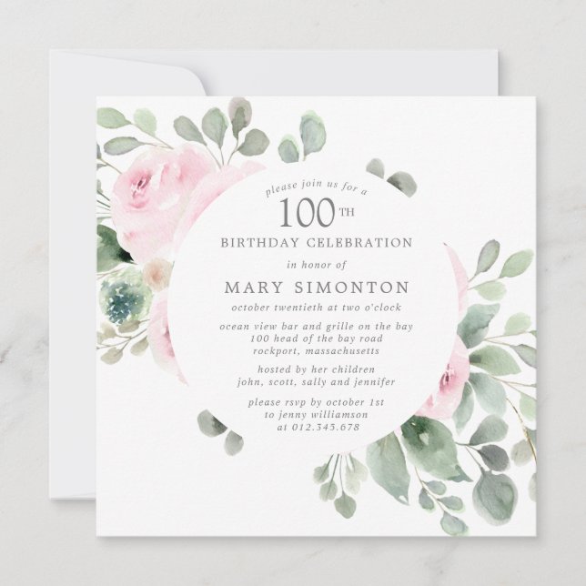 Invitation Rose rose florale Eucalyptus 100e fête d'anniversa (Devant)
