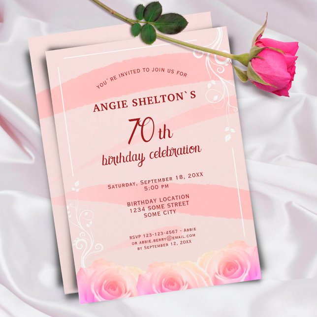 Invitation Rose rose florale rayures 70e anniversaire (Créateur téléchargé)