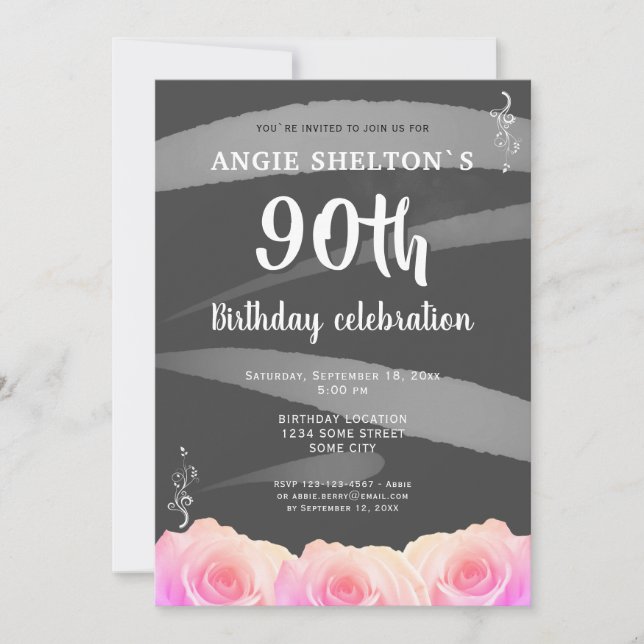 Invitation Rose rose florale rayures 90e anniversaire (Devant)