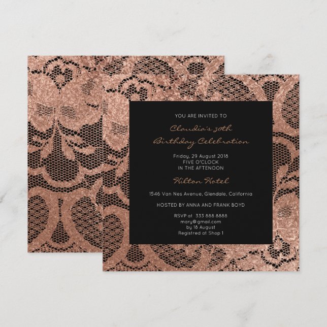 Invitation Rose rose Foxier Blush Golden Lace Black Event VIP (Devant / Derrière)