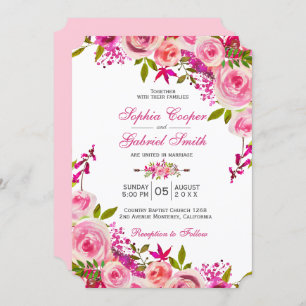 Invitation Rose rose Fuchsia Mariage botanique