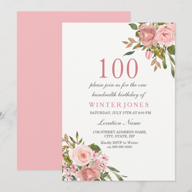 Invitation Rose Rose Gold Flowers 100e anniversaire Invitatio (Devant / Derrière)