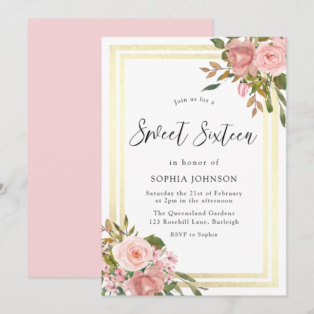 Invitation Rose Rose Gold Flowers Gold Frontière Sweet sixtee (Devant / Derrière)