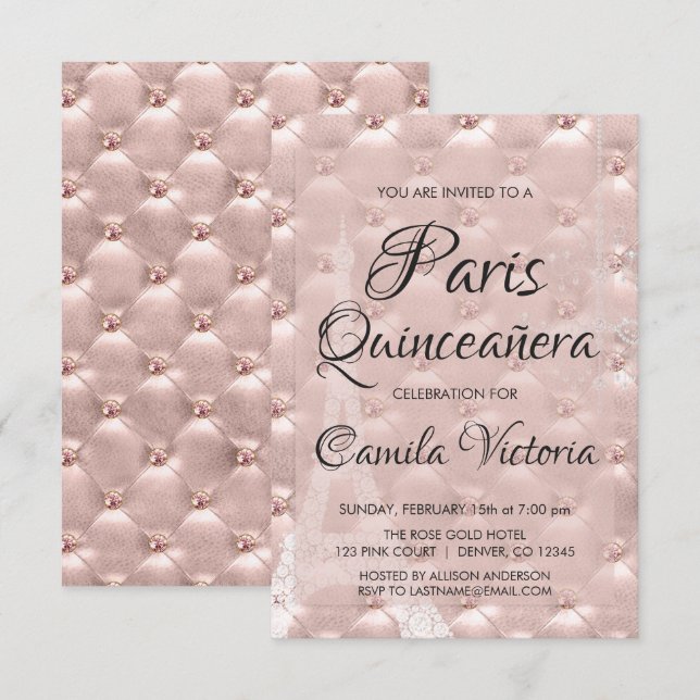 Invitation Rose Rose Gold Paris Quinceañera (Devant / Derrière)