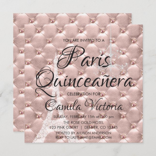 Invitation Rose Rose Gold Paris Quinceañera (Devant / Derrière)