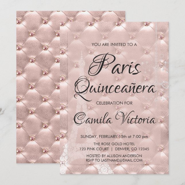 Invitation Rose Rose Gold Paris Quinceañera (Devant / Derrière)