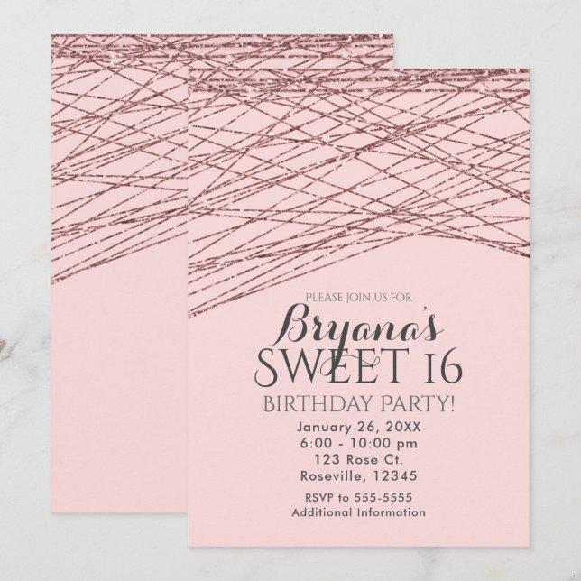 Invitation Rose Rose Gold Parties scintillant Sweet 16 Annive (Devant / Derrière)
