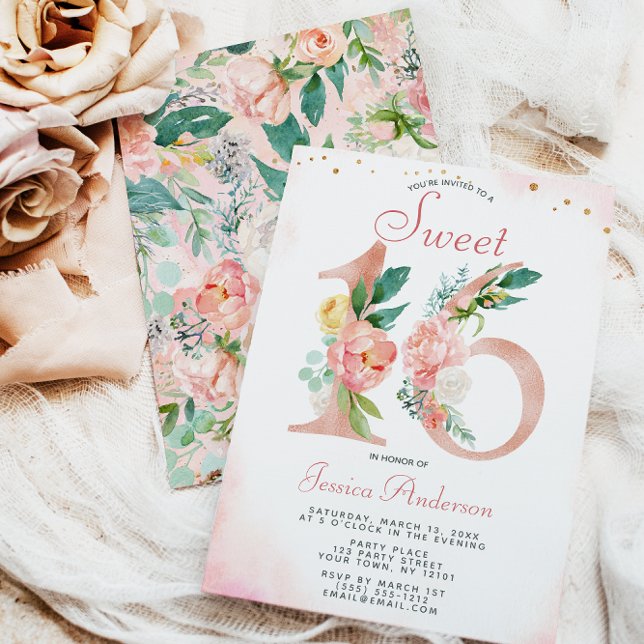 Invitation Rose Rose Gold Princesse Floral Sweet 16 Anniversa (Créateur téléchargé)
