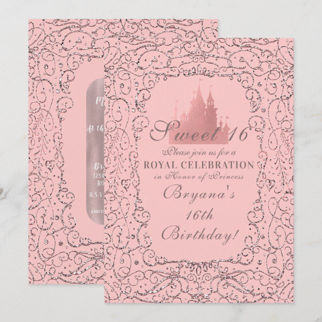 Invitation Rose Rose Gold Royal Castle Princess Sweet 16 (Devant / Derrière)