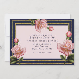Invitation Rose Rose Marine Bleu & Or Moderne Sweet 16 Partie