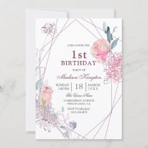 Invitation Rose rose mignonne Filles géométriques 1er anniver