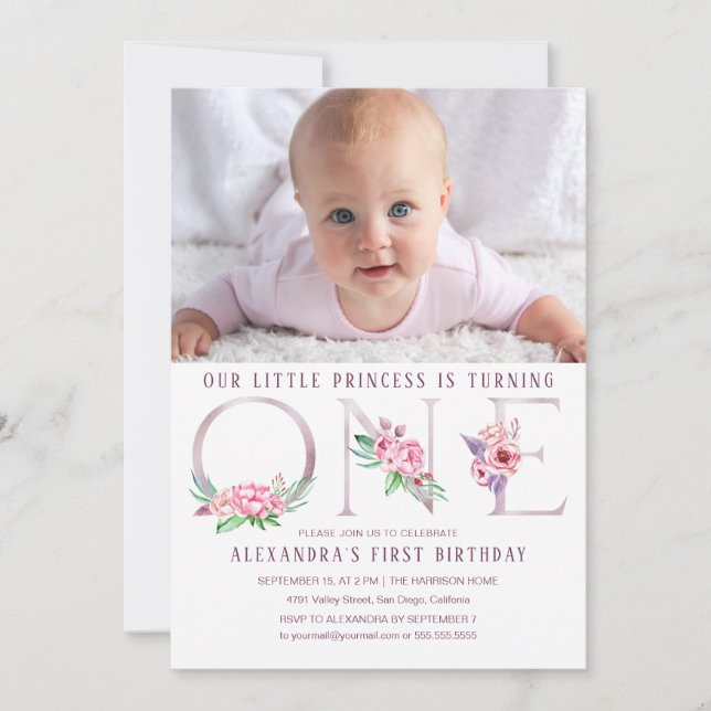 Invitation Rose rose mignonne or Floral Premier anniversaire  (Devant)