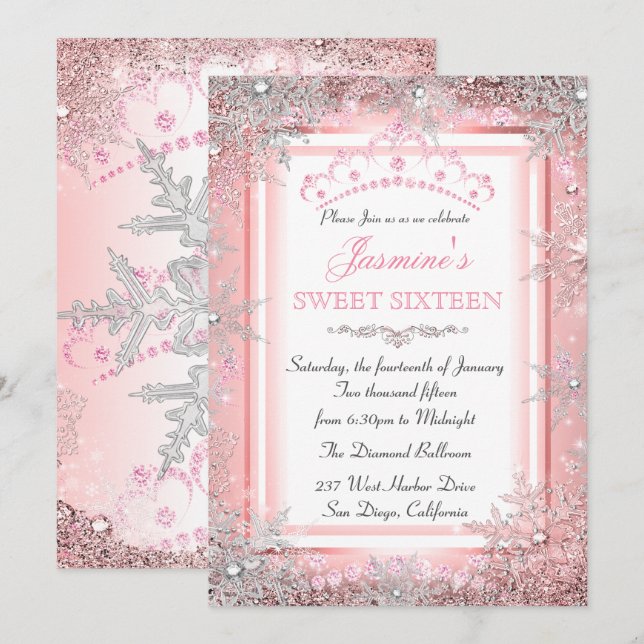 Invitation Rose Rose Or Argent hiver Wonderland Sweet 16 (Devant / Derrière)