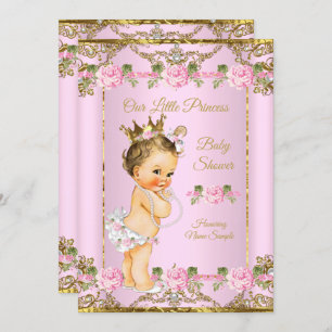 Invitation Rose rose or blanc Princesse Baby shower Brunette