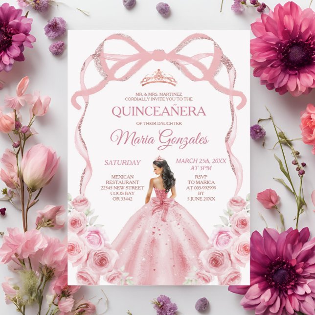 Invitation Rose Rose Or Couronne Bow Princesse fille Quinceañ (Créateur téléchargé)