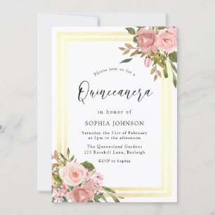 Invitation Rose Rose Or Fleurs Double Frontière Quinceanera