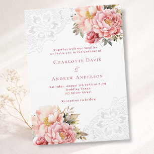 Invitation Rose rose or floral blanc dentelle mariage