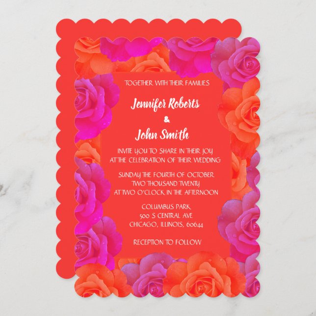 Invitation Rose rose orange Motif  QR Code Mariage (Devant / Derrière)