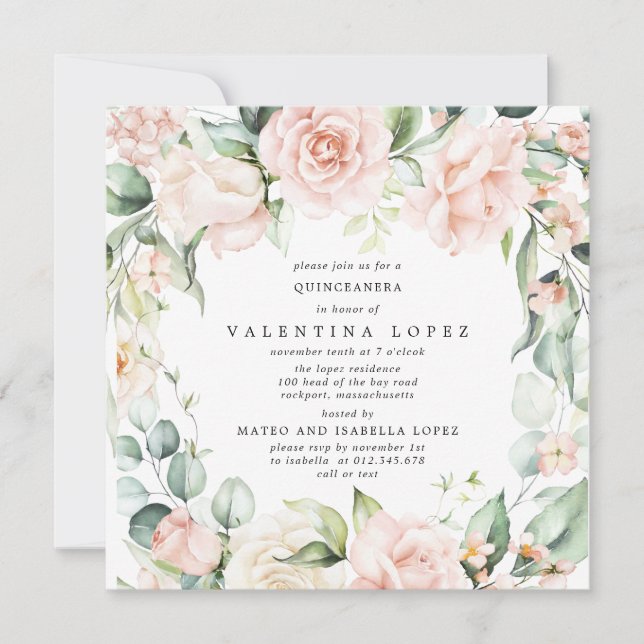 Invitation Rose rose pâle Carré Floral Quinceanera (Devant)