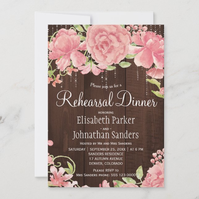 Invitation Rose rose pâle pivoines dîner de répétition rustiq (Devant)