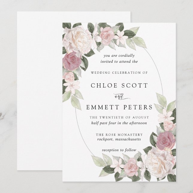 Invitation Rose rose pâle Rose Mariage Floral (Devant / Derrière)