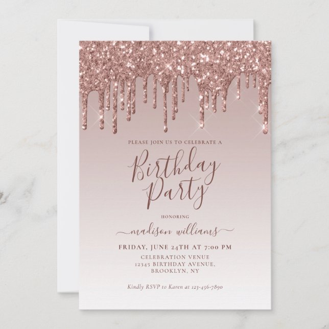 Invitation Rose Rose Parties scintillant or étincelante  gout (Devant)